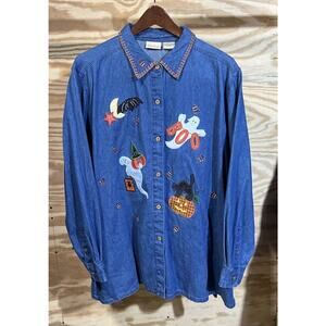 VTG White Stag Plus 22/24W Halloween Denim Shirt Embroidered Ghost Pumpkin Bats